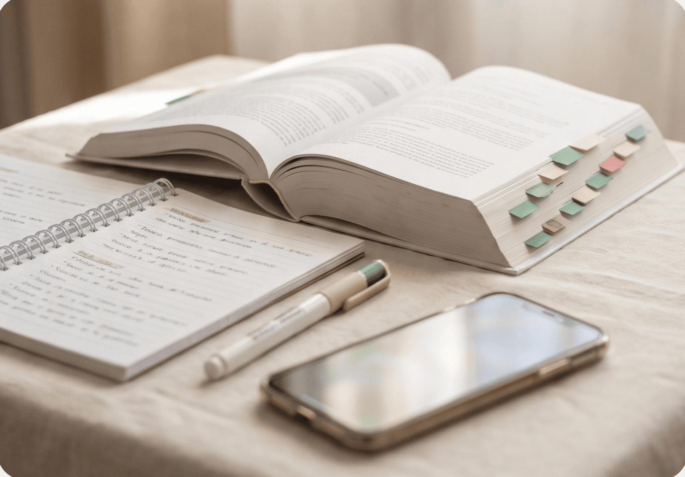 Temario impreso con pestañas, cuaderno de apuntes y móvil sobre una mesa de estudio.